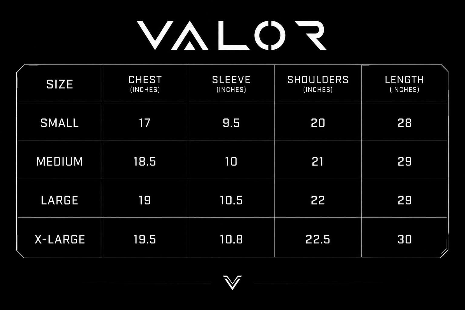 VALOR size chart in inches